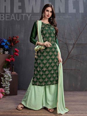 Green Georgette Satin Festival Wear Antique Badla Tar Work Palazzo Suit