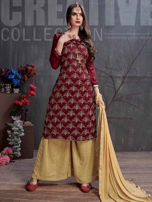 Maroon Georgette Satin Festival Wear Antique Badla Tar Work Palazzo Suit