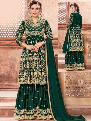 Green Georgette Satin Festival Wear Embroidery Work Sharara Suit