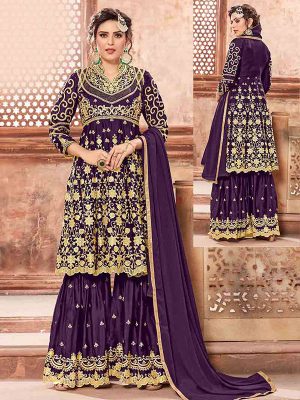 Wine Georgette Satin Festival Wear Embroidery Work Sharara Suit