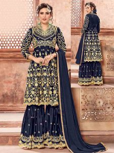 Navy Blue Georgette Satin Festival Wear Embroidery Work Sharara Suit
