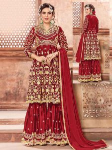 Red Georgette Satin Festival Wear Embroidery Work Sharara Suit