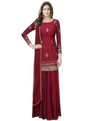 Maroon Raw Silk Cutdana Work Designer Kameez With Sharara