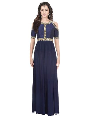 Blue Raw Silk Flour Length Gown With Mirror And Pearl Work