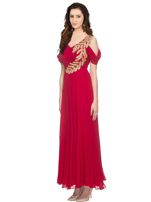 Cherry Red Georgette Gown With Gold Leaf Handwork