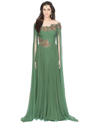 Eye Catching Green Deape Style Gown With Flour Pattern Handwork Embroidary