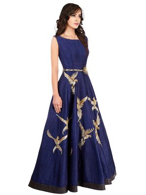 Row Silk Navy Bule Party Wear Gown Fits With Belt Enchand With Zari Work