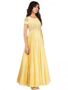Soft Crepe Silk Light Lemon Colour Designer Gown With Gota Patti And Zari Work