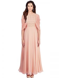 Peach Satin Georgette Drape Gown With Zari And Sequence Work