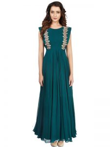 Emerald Evening Green Georgette Gown With Transy Back Embroded With Resham And Zari Work