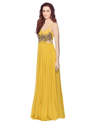 Yellow Evening Gown With Zardosi Work In Floral Pattern