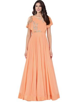 Peach Georgette Star Sequens Work Aashan Behl Designer Gown