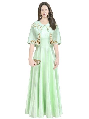 Green Raw Silk Zardosi Work Amrit Kaur Open Cape Gown