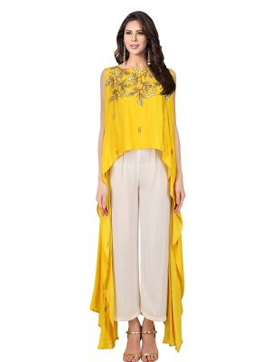 Yellow Crepe Embroidery Work Prathyusha Garimella Designer Top With Plazzo Pant