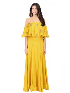 Yellow Crepe Embroidery Work Prathyusha Garimella Off Shoulder Top With Skirt