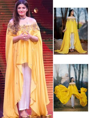 Yellow Cotton Satin Cut Work Ravina Tondon Designer Cape Top