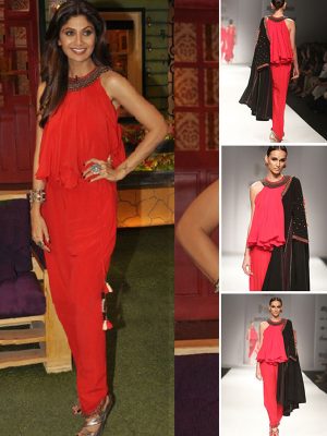 Red Satin Antique Work Shilpa Shetty Designer Jumpsuit