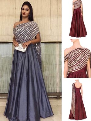 Maroon Crepe Silk Mirror Work Krystle Dsouza Designer Gown