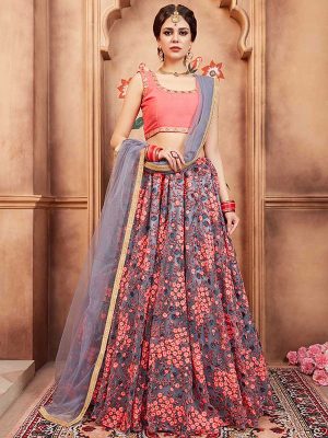 Grey Net Reception Wear Thread Work Lehenga Choli