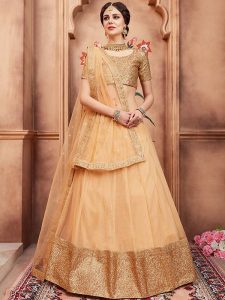 Beige Net Reception Wear Sequence Work Lehenga Choli