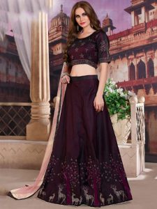 Wine Silk Party Wear Embroidery Work Lehenga Choli