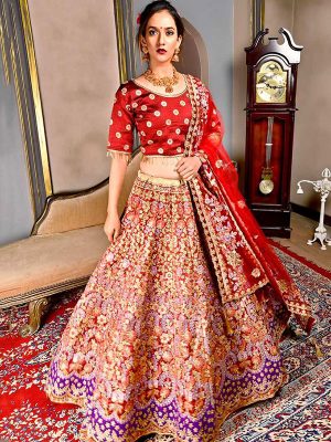 Red Silk Wedding Wear Resham Work Lehenga Choli