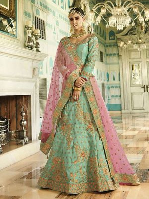 Pista Green Silk Bridal Wear Heavy Embroidery Work Lehenga Choli