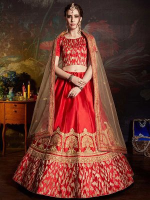 Red Satin Wedding Wear Zari Embroidery Work Lehenga Choli