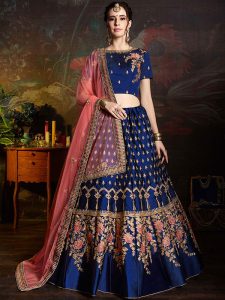Blue Satin Wedding Wear Zari Embroidery Work Lehenga Choli