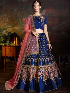 Blue Satin Wedding Wear Zari Embroidery Work Lehenga Choli