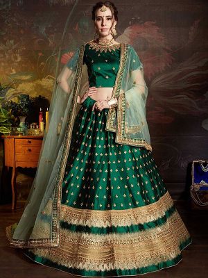 Green Satin Wedding Wear Zari Embroidery Work Lehenga Choli