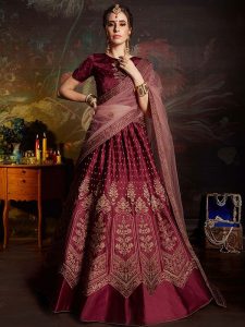 Barn Red Satin Wedding Wear Zari Embroidery Work Lehenga Choli