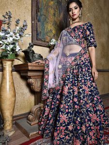 Navy Blue Velvet Wedding Wear Resham Work Lehenga Suit