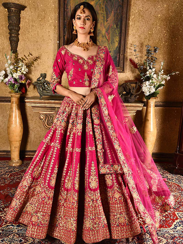 Rani Velvet Wedding Wear Resham Work Lehenga Suit Zakarto