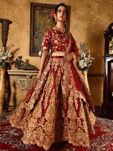 Maroon Silk Wedding Wear Resham Work Lehenga Suit