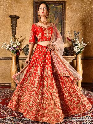 Red Silk Wedding Wear Resham Work Lehenga Suit