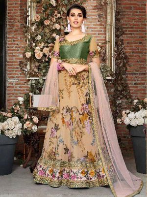 Beige Organza Party Wear Digital Print Lehenga Choli