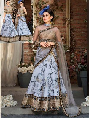 Sky Blue Organza Party Wear Digital Print Lehenga Choli