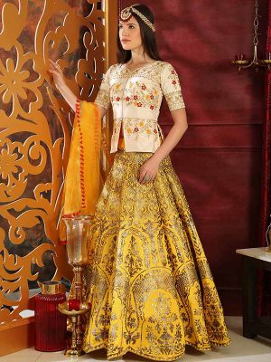 Yellow Jacquard Silk Party Wear Sequence Work Lehenga Choli