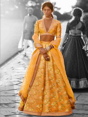Mustard Yellow Thai Silk Wedding Wear Sequence Work Lehenga Choli