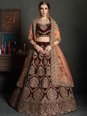 Maroon Velvet Bridal Wear Embroidery Work Lehenga Choli