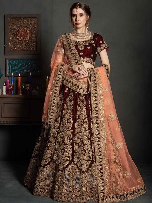 Maroon Velvet Bridal Wear Embroidery Work Lehenga Choli