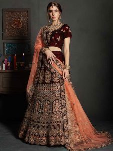 Maroon Velvet Bridal Wear Embroidery Work Lehenga Choli