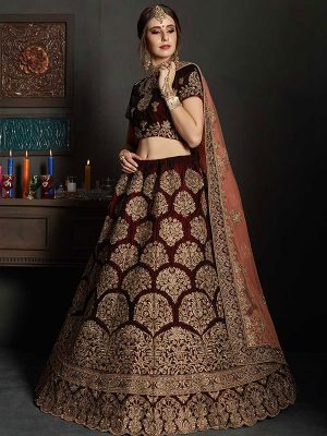 Maroon Velvet Bridal Wear Embroidery Work Lehenga Choli