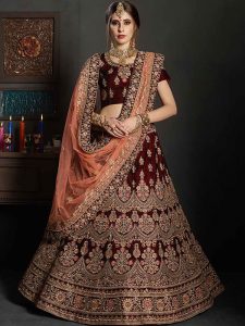 Maroon Velvet Bridal Wear Embroidery Work Lehenga Choli