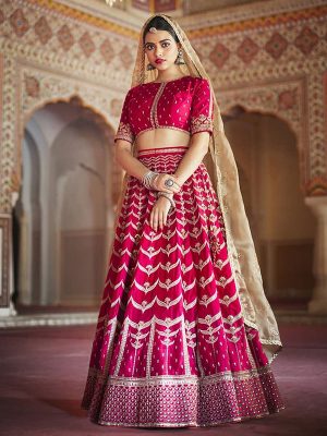 Lotus Pink Silk Wedding Wear Embroidery Work Lehenga Choli