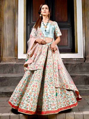 Sky Blue Satin Wedding Wear Embroidery Work Lehenga Choli