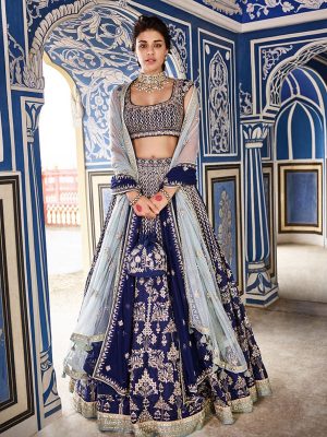 Navy Blue Banarasi Silk Wedding Wear Embroidery Machine Work Lehenga Choli