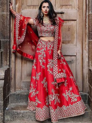Red Silk Wedding Wear Embroidery Machine Work Lehenga Choli