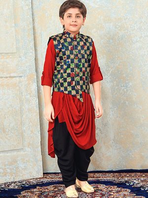 Red Rayon Festival Wear Printed Work Kids Kurta Pajama